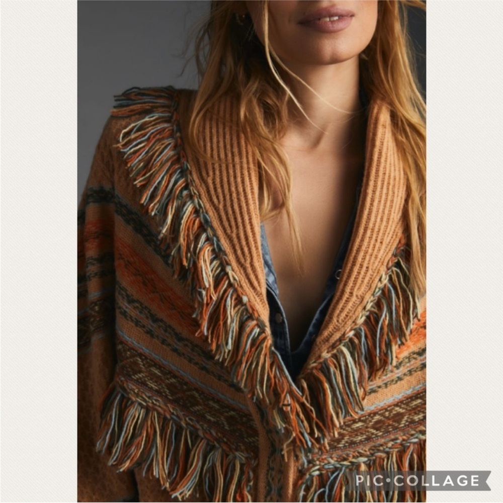 Anthropologie Fringed Cardigan Sweater in Neutral Pattern - Picture 4 of 11